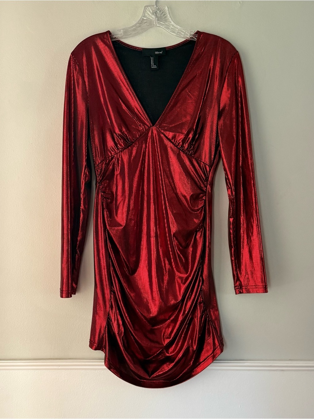 SBetro Metallic Red Long Sleeve V-Neck Draped Dress Size S